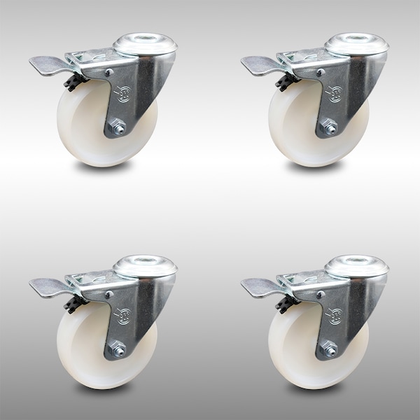 4 Inch SS Nylon Wheel Swivel Bolt Hole Caster Set with Total Lock Brake SCC